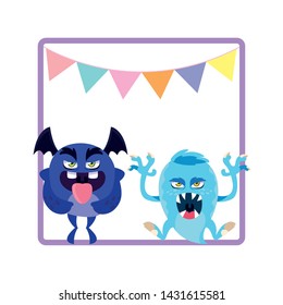 square frame with funny monsters and garlands hanging