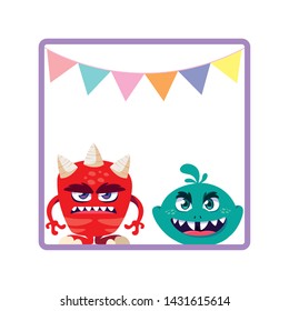 square frame with funny monsters and garlands hanging