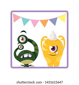 square frame with funny monsters and garlands hanging