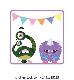 square frame with funny monsters and garlands hanging