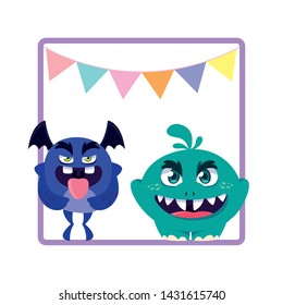 square frame with funny monsters and garlands hanging