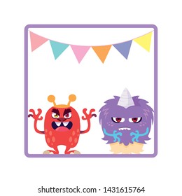 square frame with funny monsters and garlands hanging