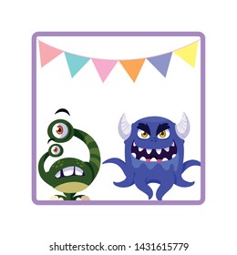 square frame with funny monsters and garlands hanging