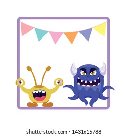 square frame with funny monsters and garlands hanging