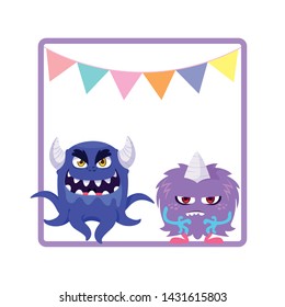 square frame with funny monsters and garlands hanging