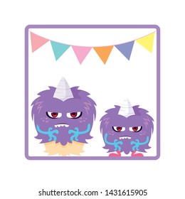 square frame with funny monsters and garlands hanging