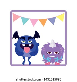 square frame with funny monsters and garlands hanging