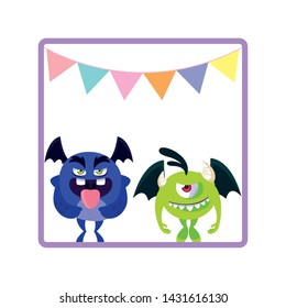 square frame with funny monsters and garlands hanging