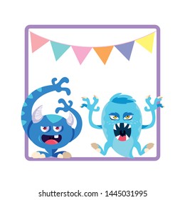 square frame with funny monsters and garlands hanging
