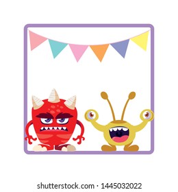 square frame with funny monsters and garlands hanging