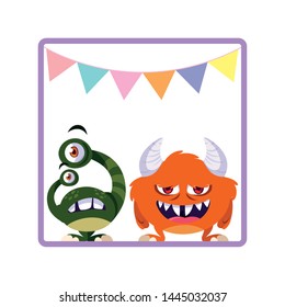 square frame with funny monsters and garlands hanging