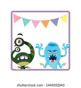 square frame with funny monsters and garlands hanging