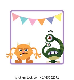 square frame with funny monsters and garlands hanging