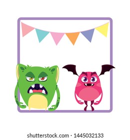 square frame with funny monsters and garlands hanging