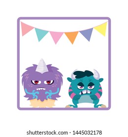 square frame with funny monsters and garlands hanging
