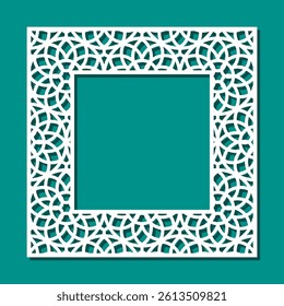 Square frame with geometric pattern. Border with linear ornament for mirror, card, photo. Template for plotter laser cutting of paper, fretwork, wood carving, metal engraving, cnc. Vector illustration