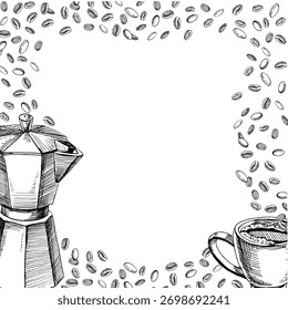 A square frame with a geyser coffee maker, a mug, and coffee beans. Realistic vector illustration for cafe design, menus, interiors, price tags, packaging, signs, posters, and postcards.