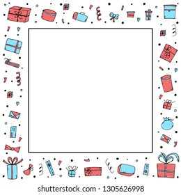 Square frame with gift boxes decoration. Collection of holiday presents in doodle style. Rectangle border with and empty space for text Vector illustration.