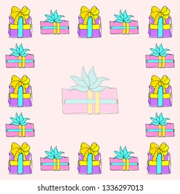 Square frame of gift boxes with ribbons and bows. Multicolored hand-drawn Doodle illustration on pink background