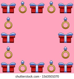 Square frame with giftboxes and rings with diamonds for Valentine's day