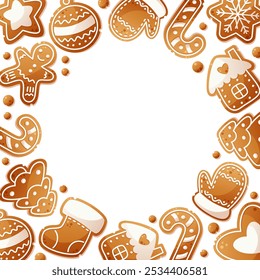 Square frame of gingerbread of different shapes on white background. Empty space for text. Christmas gingerbread cookies, gingerbread man. Suitable for New Year and Christmas design