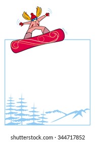 Square frame with a girl jumping snowboard