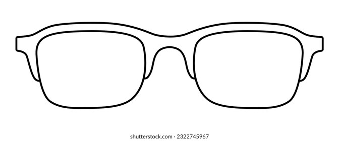 Square frame glasses fashion accessory illustration. Sunglass front view for Men, women, unisex silhouette style, flat rim spectacles eyeglasses with lens sketch outline isolated on white background