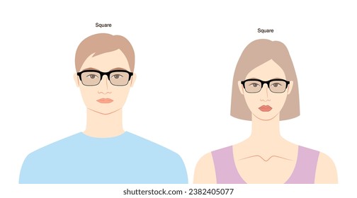 Square frame glasses on women and men flat character fashion accessory illustration. Sunglass front view unisex silhouette style, rim eyeglasses with lens sketch outline isolated on white background