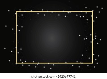 Square frame with glitter and bokeh. Gold frame with sparkles on a black background. Design element. Template for invitation, advertisement, brochure, etc.