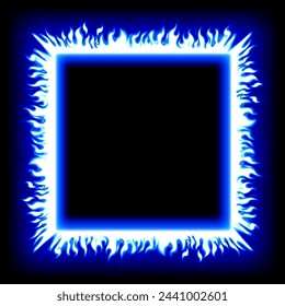 Quadratischer Rahmen mit leuchtend blauen Flammen auf schwarzem Hintergrund. Vektorgrafik