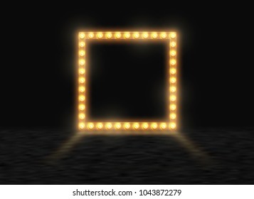 Square frame with glowing shiny light bulbs, vector illustration. Shining party banner on black stage exhibition background. Signboard with lamps border for lottery, casino, poker, roulette
