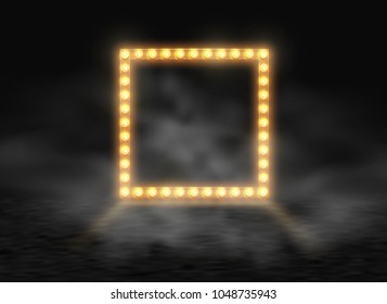 Square frame with glowing shiny light bulbs and smoke, vector illustration. Shining party banner on black stage exhibition fog background. Signboard lamps border for lottery, casino, poker, roulette