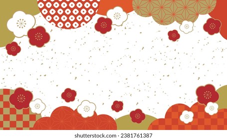 Square frame with gold leaf scattered on transparent background with orange Japanese patterns and cloud-shaped patterns above and below