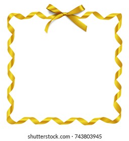 Square frame with gold ribbon and decorative golden bow isolated on white. Realistic vector bow. Holiday decorations