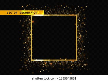 Square Frame with golden glitter by border. Realistic Holiday decoration. Black transparent background. Vector illustration Square Frame with golden glitter by border. Realistic Holiday decoration. Black transparent background. Vector illustration
