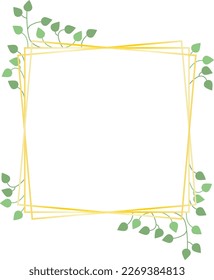 Square frame, golden lines and leaves, vector. Frame of golden squares and green leaves.