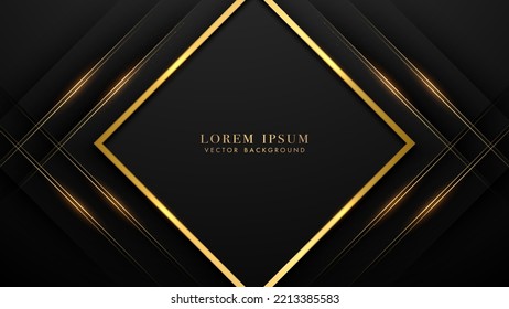 Square frame with golden lines, sparkle glowing and glitter light effect decoration. Luxury style design black background. Vector illustration