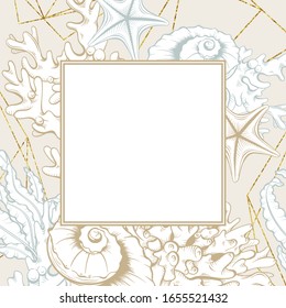 Square Frame with Golden Seashells. Isolated vector poster with contour drawing sea shells for wedding design and thank you cards templates.