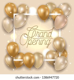 square frame with grand opening message and balloons helium