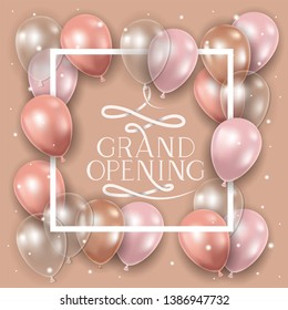 square frame with grand opening message and balloons helium