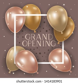 square frame with grand opening message and balloons helium