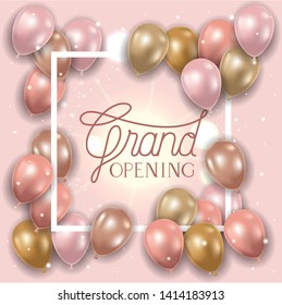 square frame with grand opening message and balloons helium