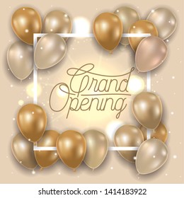 square frame with grand opening message and balloons helium