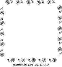 Square frame with great black-and-white flowers on white background. Doodle style. Vector image.

