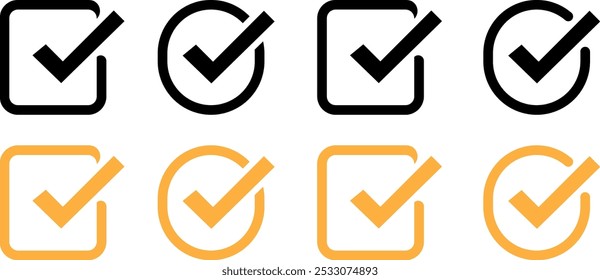 Um quadro quadrado com um sinal de marca de seleção verde, Ícone de caixa de seleção, indicando aceitação. Inclui uma opção de quadro circular para uso da lista de verificação. Este símbolo claramente significa tarefas e seleções concluídas.