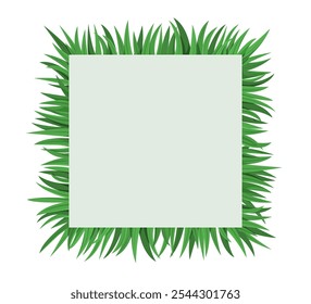 Square frame of green grass blades surrounding a blank light green center. Nature-themed template with copy space. Eco and spring concept.