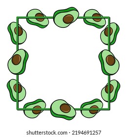 Marco cuadrado, mitades verdes de frutos aguacate, espacio de copia, ilustración vectorial en estilo de caricatura sobre fondo blanco