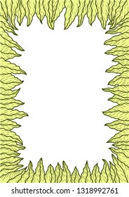 Square frame with green hand drawn exotic leaves.Decoration for greeting card,wedding invitation,save the date.Border for your design with place for text