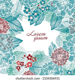 Square frame of green leaves with flowers. Vector illustration