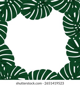 Um quadro quadrado de folhas verdes sobre um fundo branco. Desenho de mão de vetor de botânica tropical.
